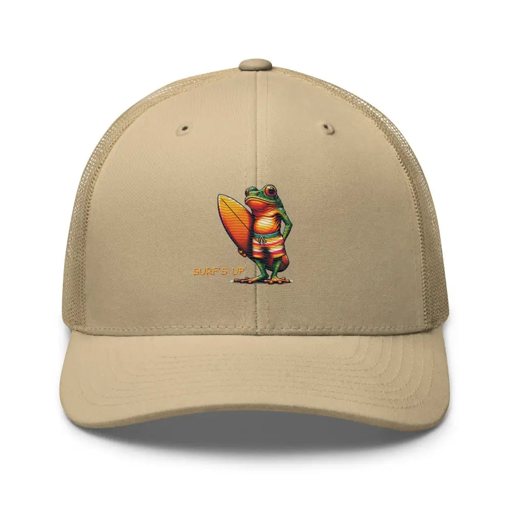 Brown khaki Trini Skies surfing frog embroidered trucker cap – adjustable mesh back hat