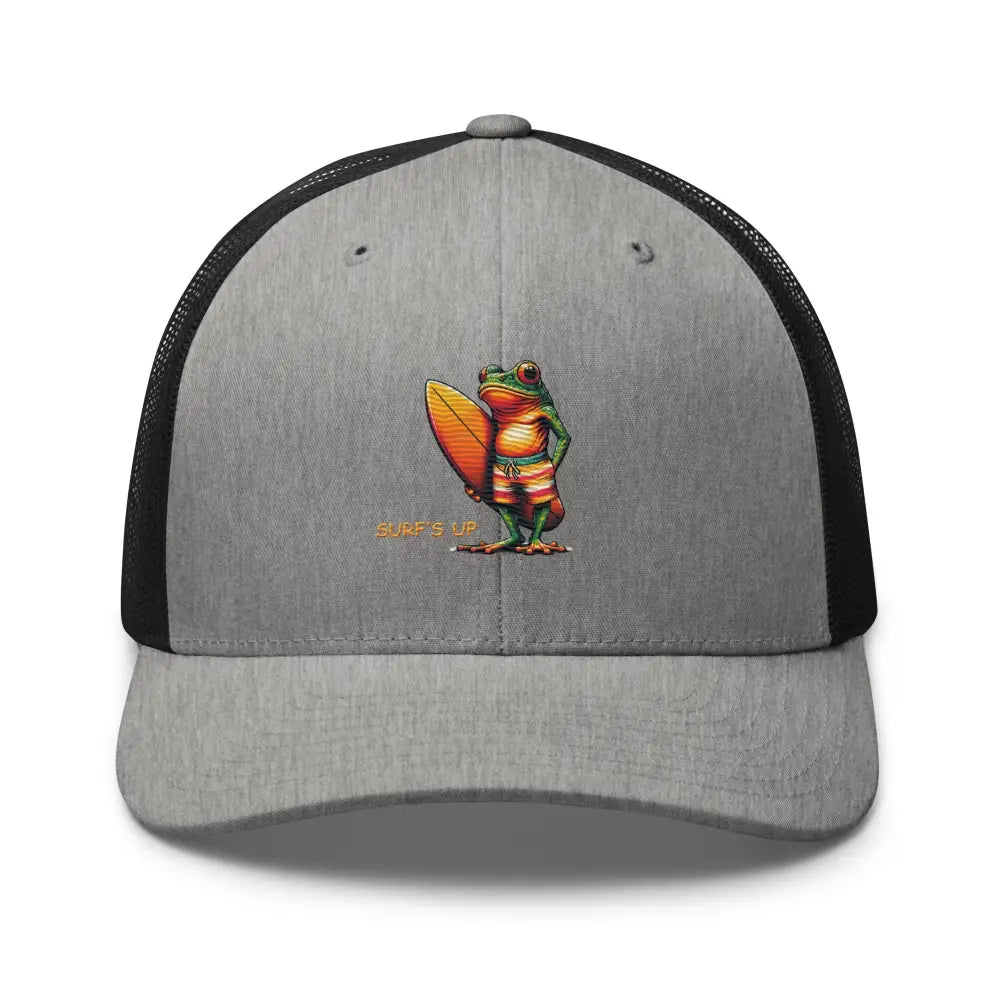 Charcoal black Trini Skies surfing frog embroidered trucker hat – adjustable mesh back cap