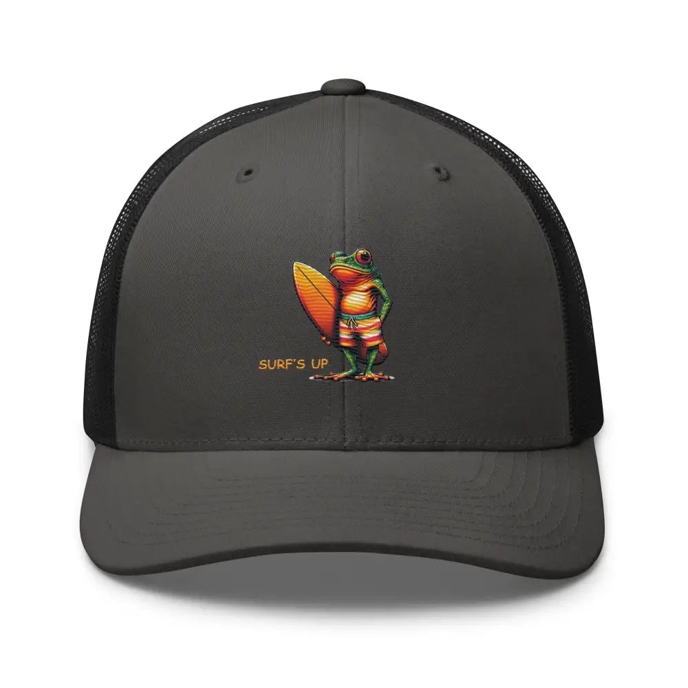 Dark grey black Trini Skies surfing frog embroidered trucker cap – adjustable mesh hat
