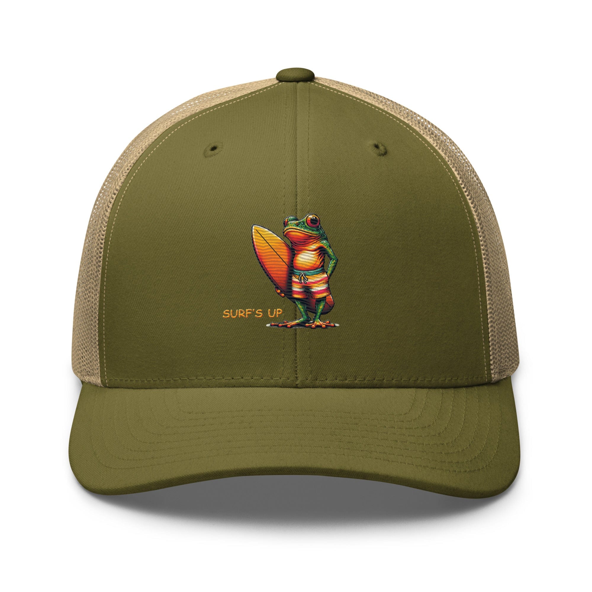 Surfs Up Surfing Frog Embroidered Trucker Cap by Trini Skies, Adjustable Mesh Back Cap - Triniskies