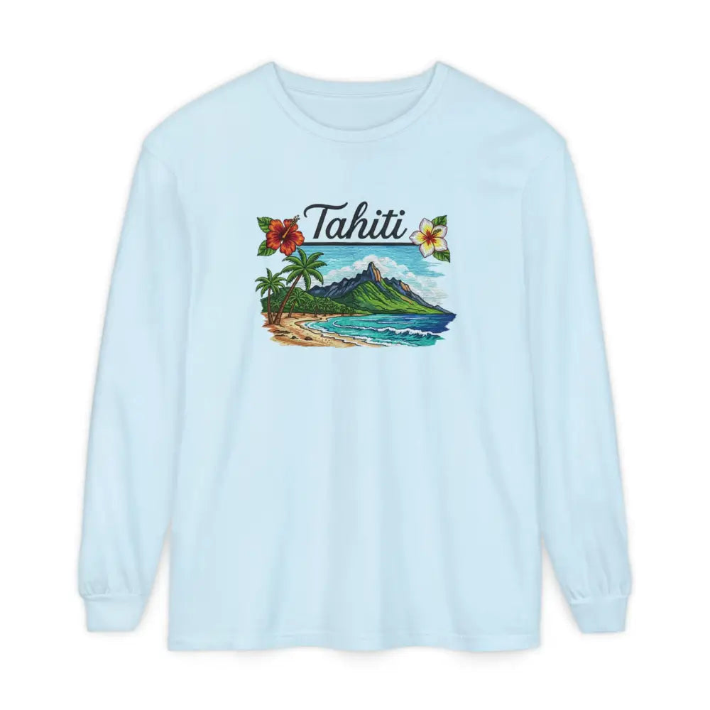 Light blue Tahiti Comfort Colors long sleeve tropical graphic shirt