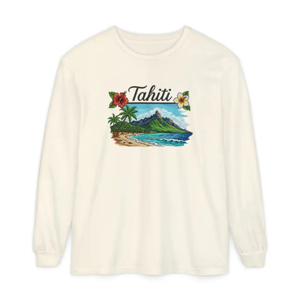 Cream long-sleeve Tahiti Comfort Colors T-shirt with tropical graphic
