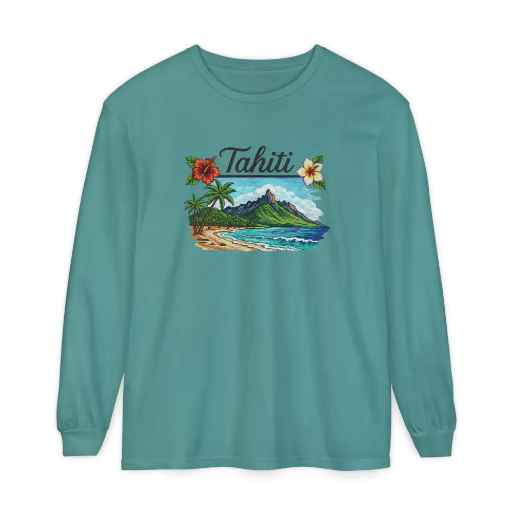 Tahiti Comfort Colors long sleeve tropical graphic shirt with beach scene