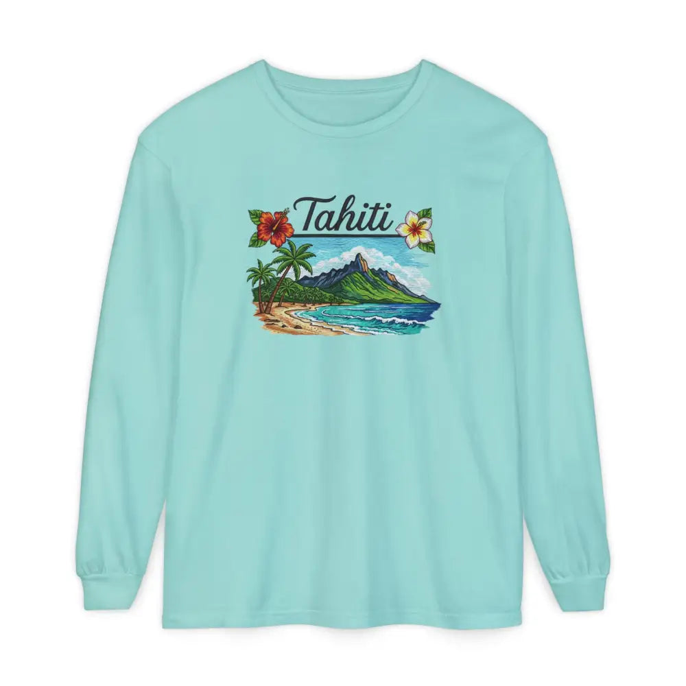 Tahiti Comfort Colors long sleeve tropical graphic shirt in light blue