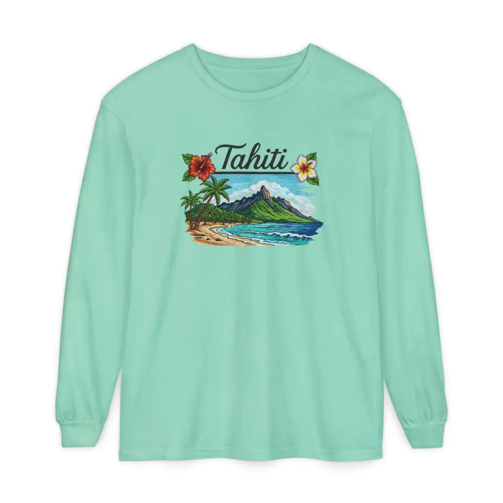 Tahiti Comfort Colors long sleeve tropical graphic shirt in mint green