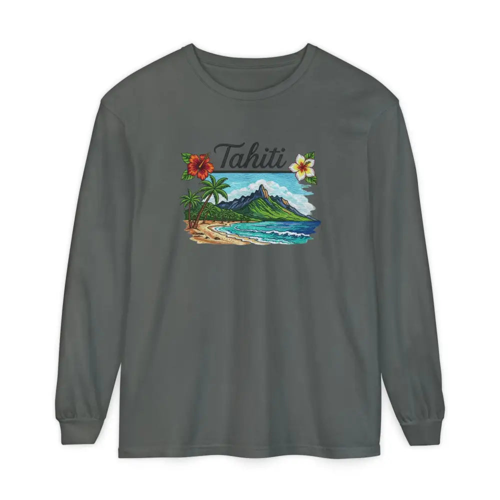 Charcoal gray Tahiti Comfort Colors long sleeve tropical graphic shirt