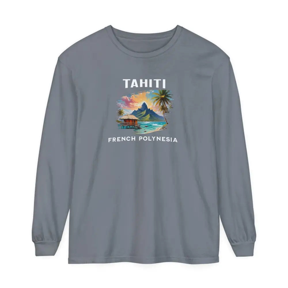 Tahiti French Polynesia long sleeve graphic tee on model – tropical beach travel shirt unisex