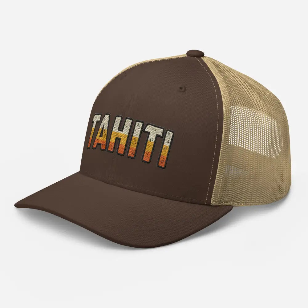 Brown Tahiti trucker hat with retro sunset gradient embroidery