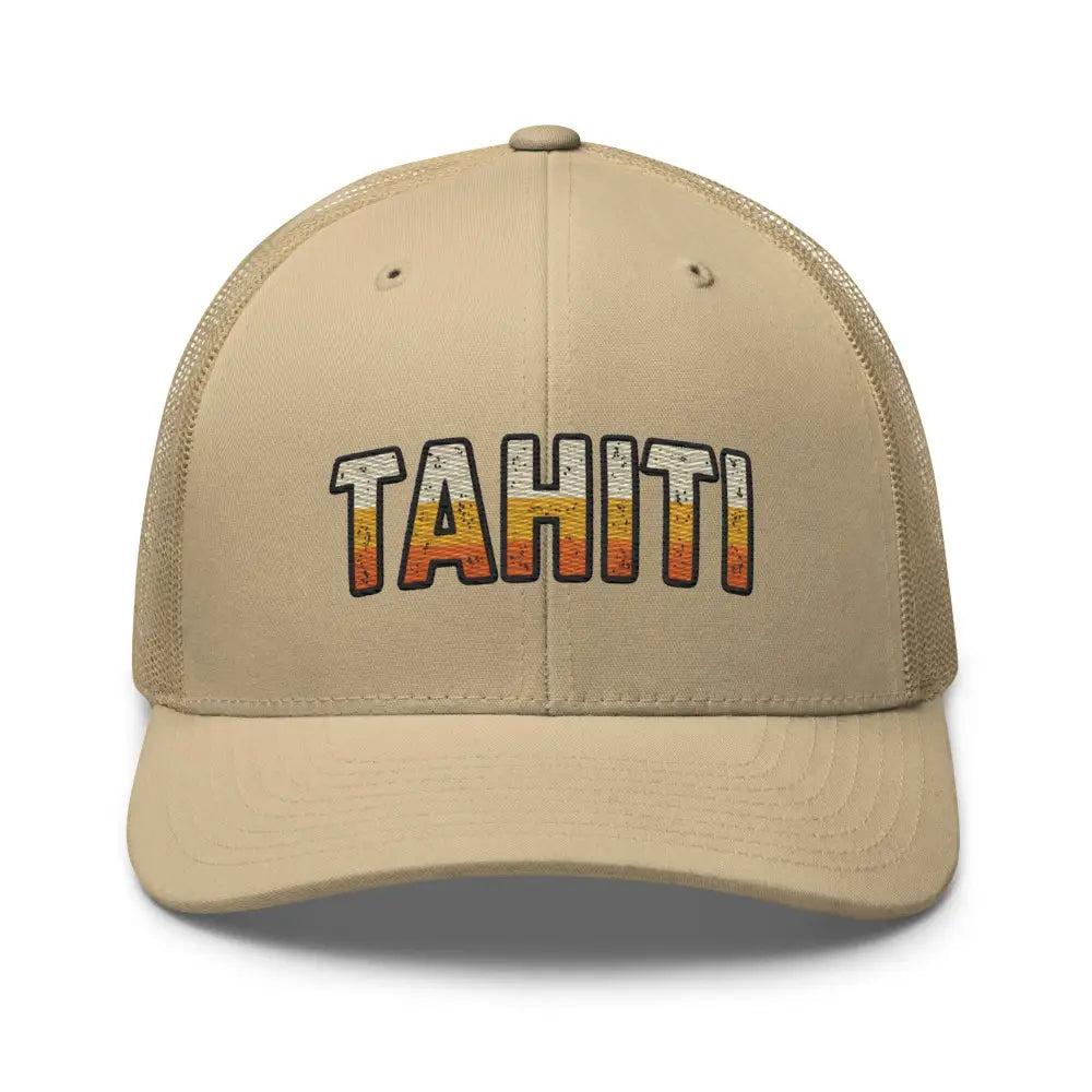 Beige Tahiti trucker hat with retro sunset gradient embroidery