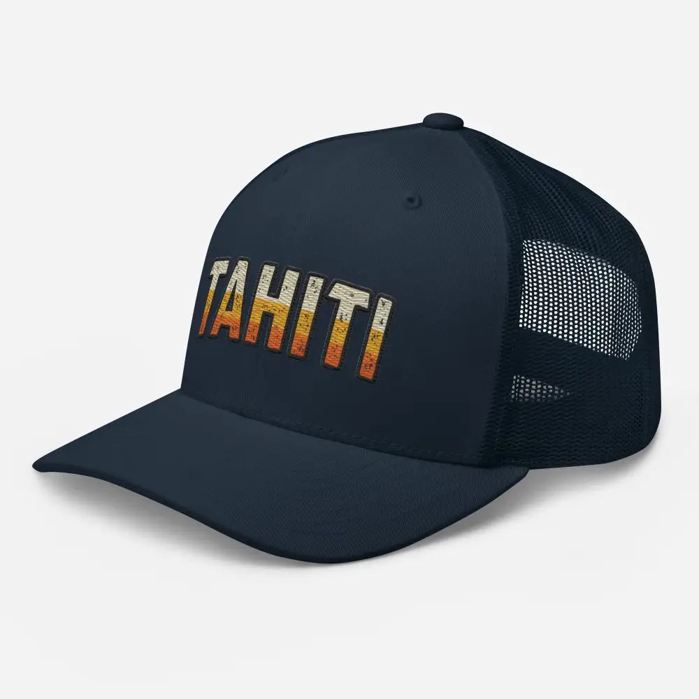 Navy blue Tahiti trucker hat with retro sunset gradient embroidery