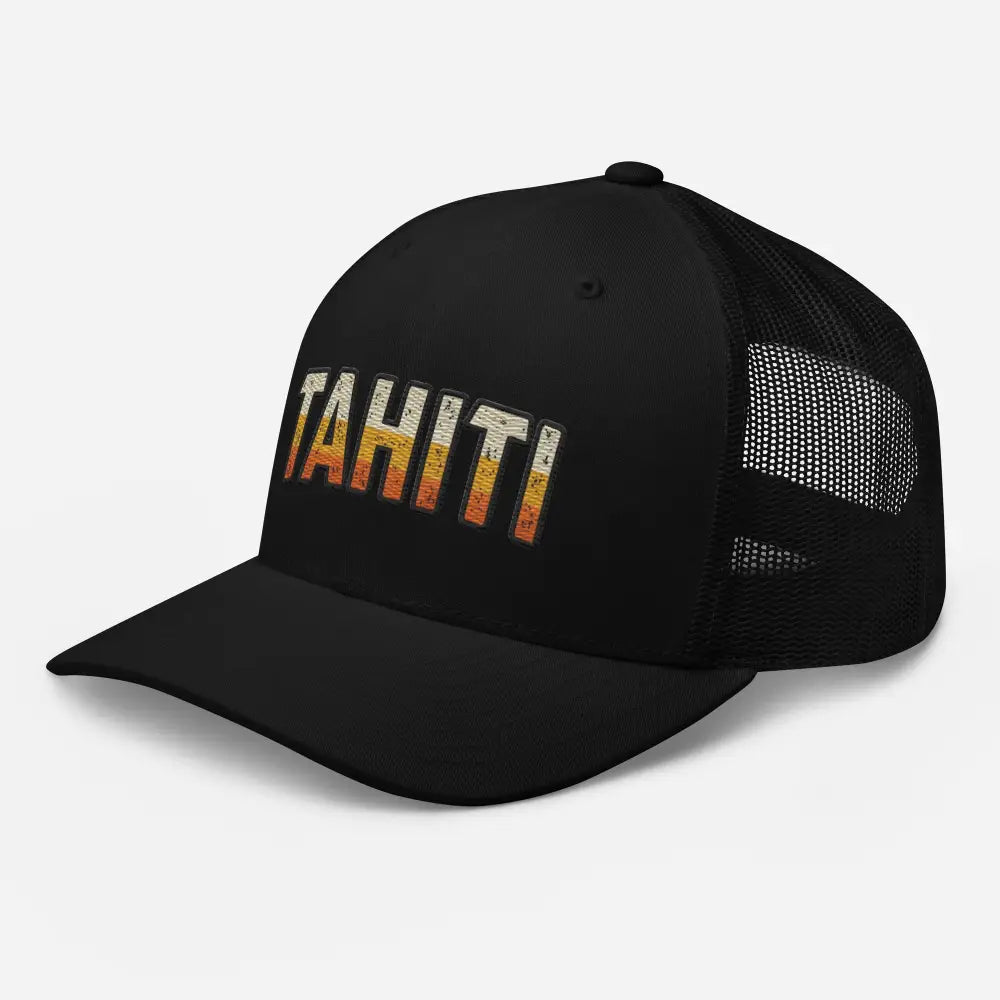 Black Tahiti trucker hat with retro sunset gradient embroidery