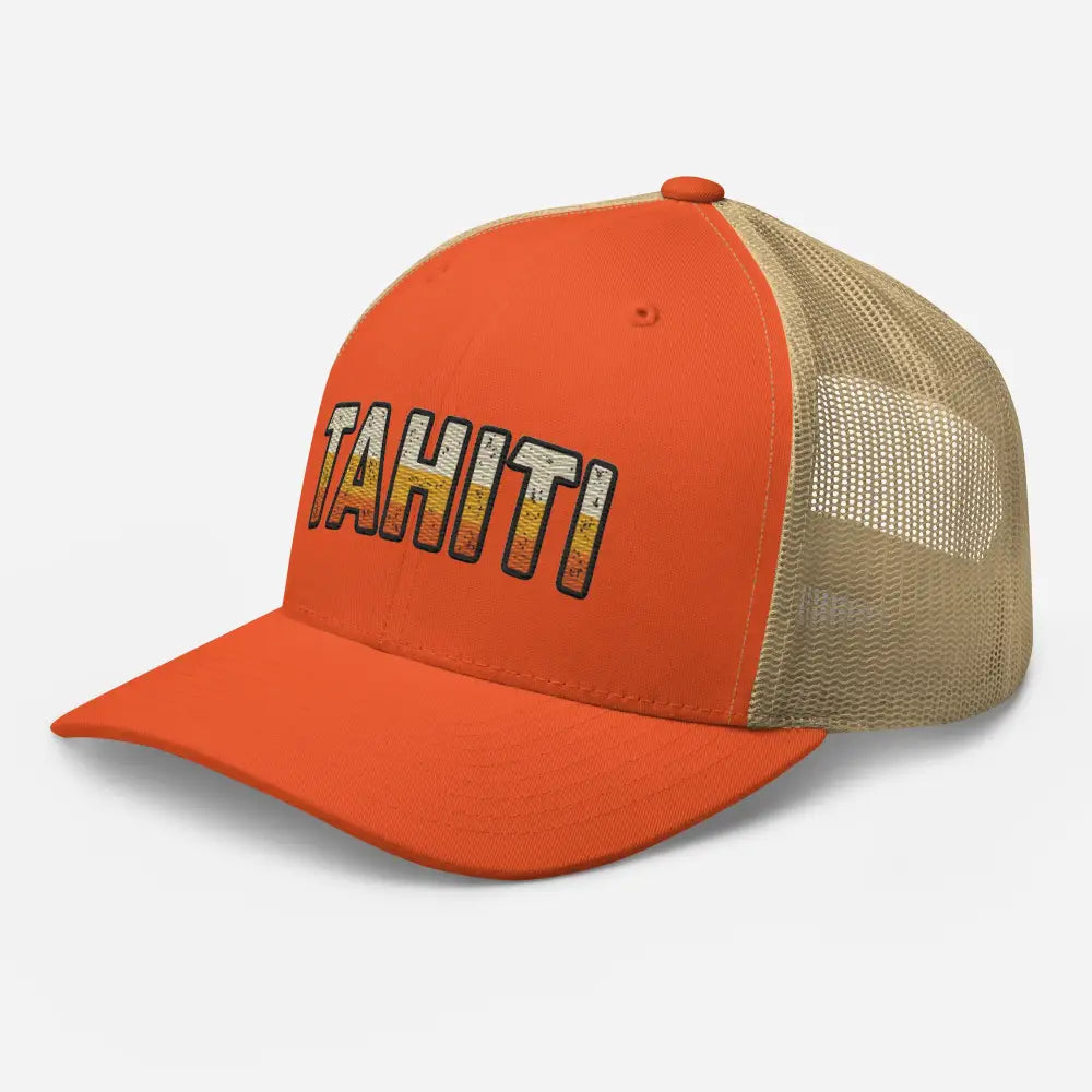 Tahiti trucker hat in orange tan mesh with retro sunset gradient embroidery