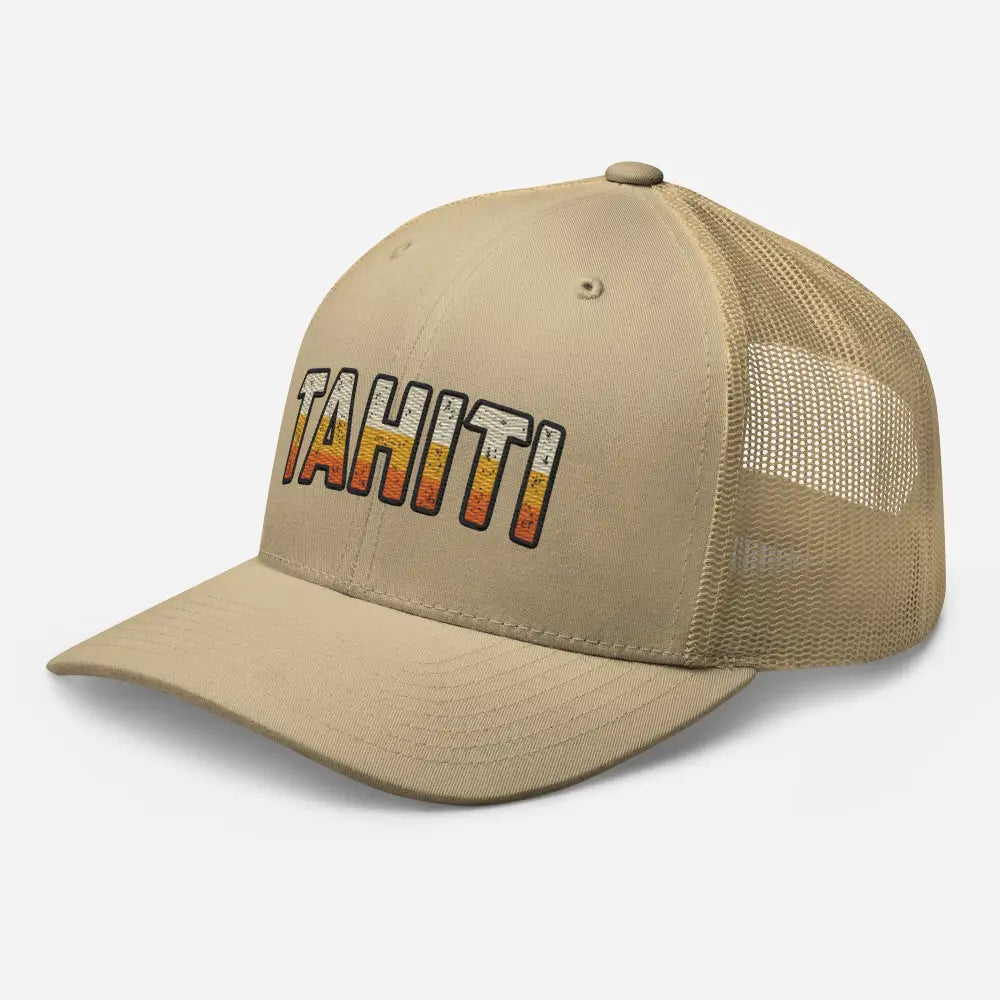 Tahiti trucker hat with retro sunset gradient embroidery