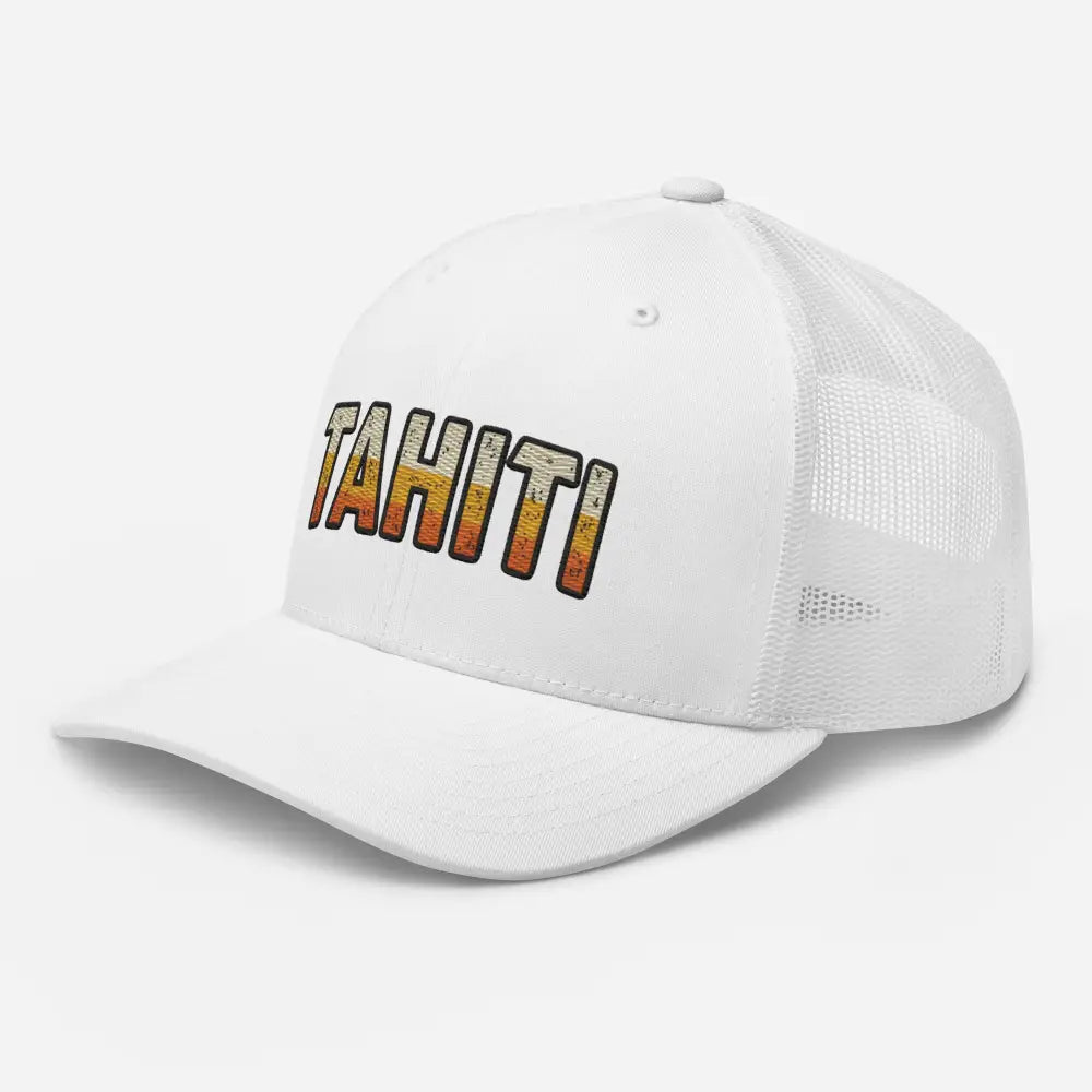 Tahiti trucker hat in white with retro sunset gradient embroidery