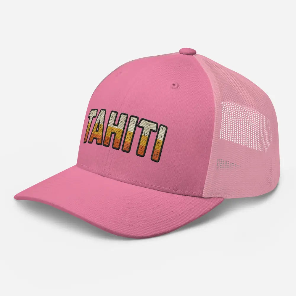 Pink Tahiti trucker hat with retro sunset gradient embroidery