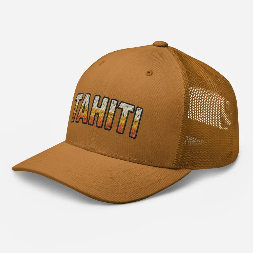 Brown Tahiti trucker hat with retro sunset gradient embroidery