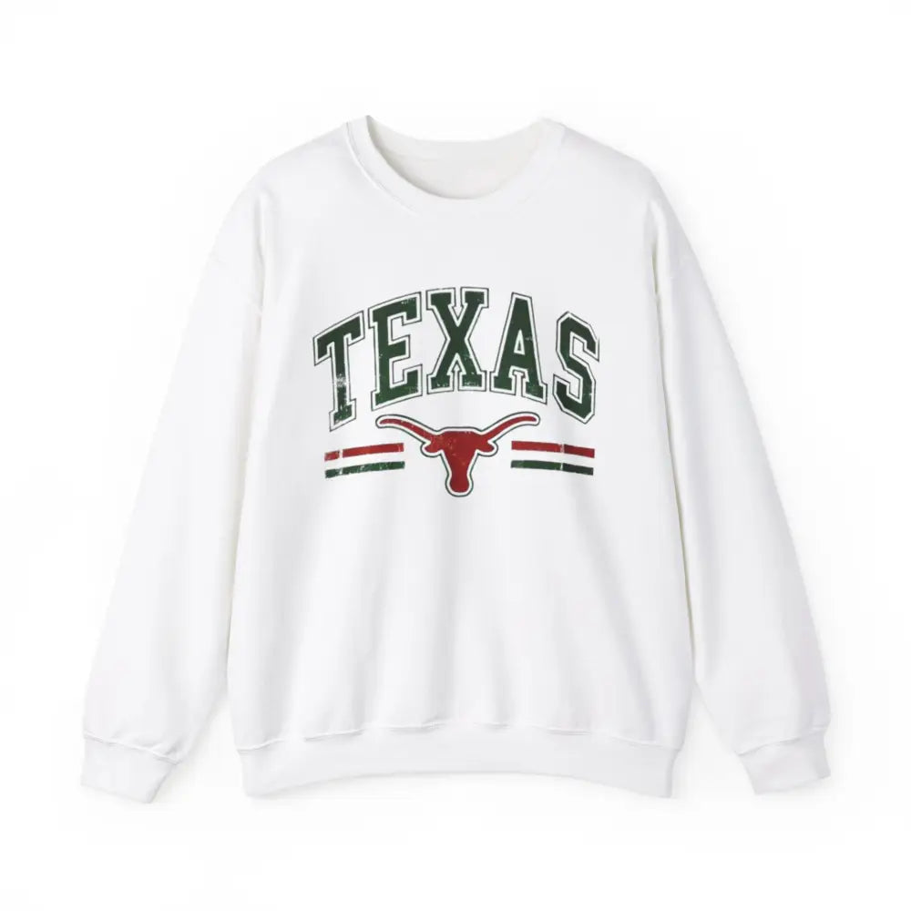 Texas Pride white long-sleeved sweatshirt with TEXAS graphic and longhorn logo