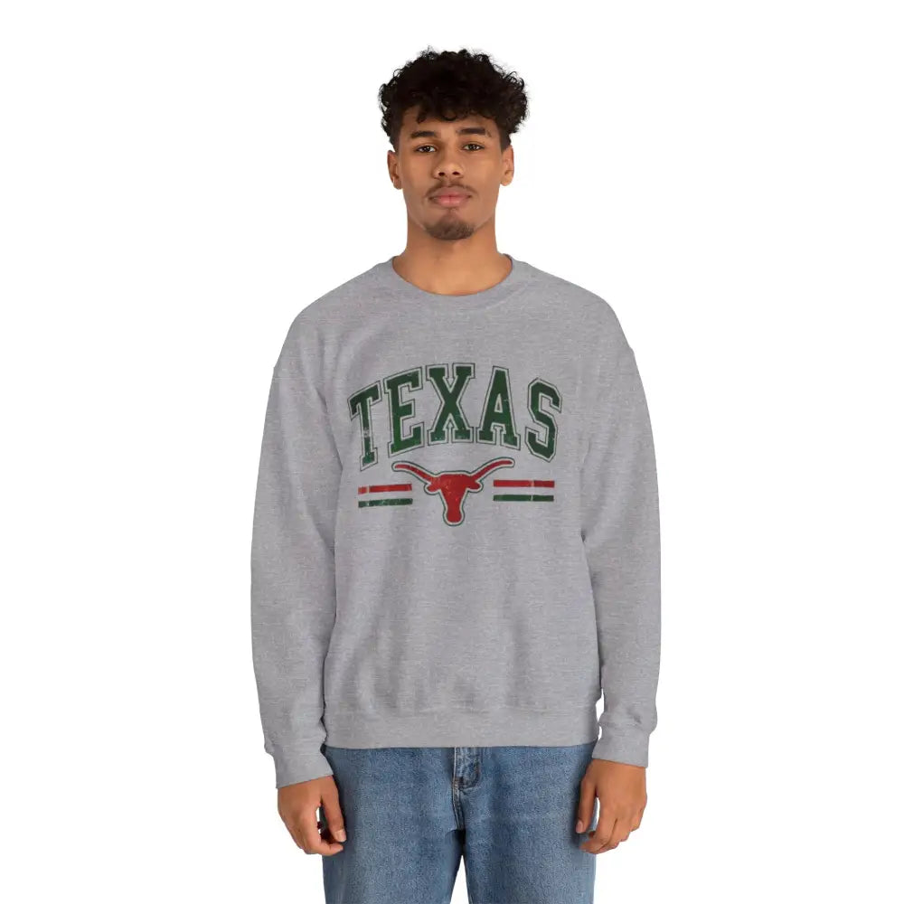 Texas Pride gray crewneck sweatshirt with TEXAS longhorn graphic
