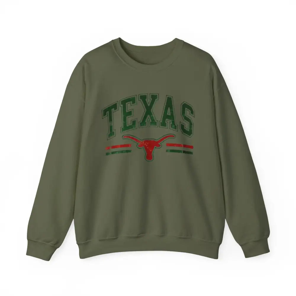 Olive green Texas Pride sweatshirt with distressed TEXAS graphic