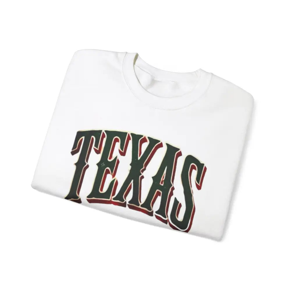 Texas Spirit white crewneck t-shirt with dark green and red TEXAS lettering