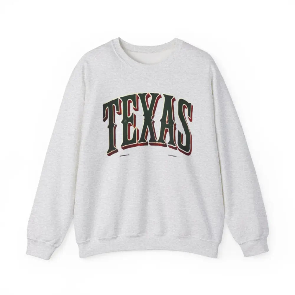 Texas Spirit white crewneck sweatshirt with green TEXAS graphic