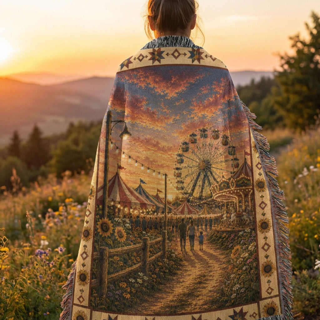 The County Fair heirloom woven throw blanket in a meadow setting at sunset — jacquard tapestry of a summer county fair scene with sunflowers and string lights — Trini Skies