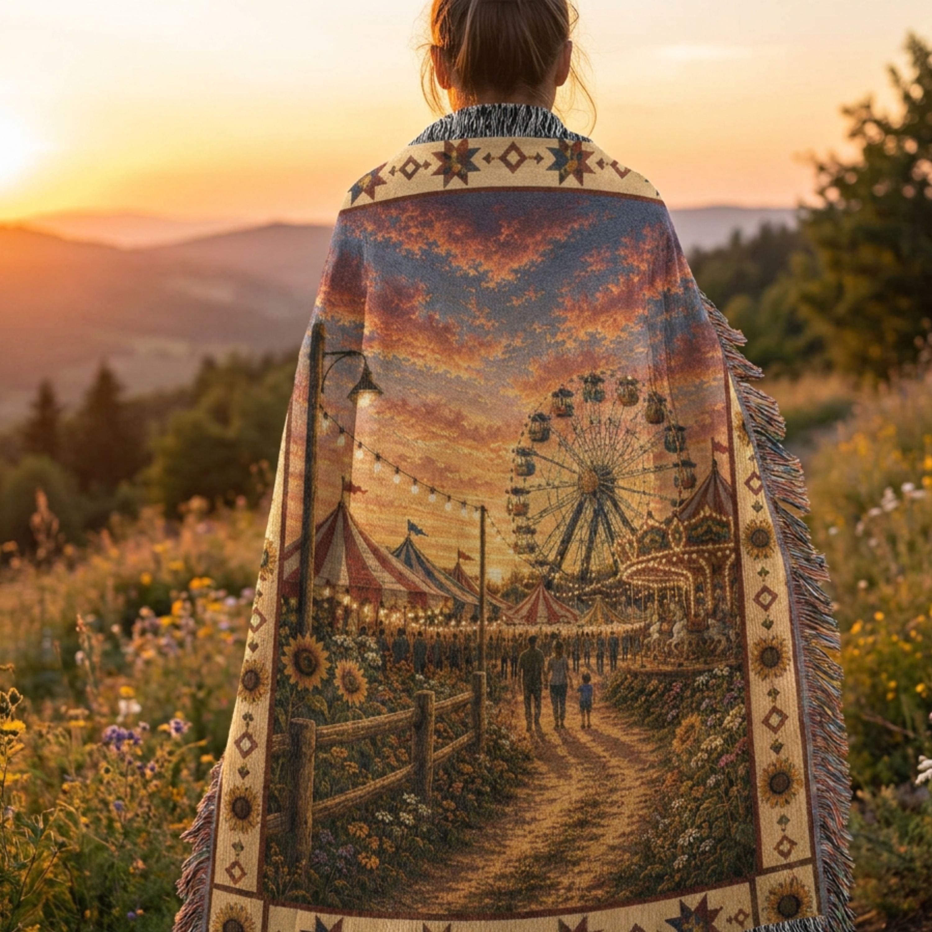 The County Fair heirloom woven throw blanket in a meadow setting at sunset — jacquard tapestry of a summer county fair scene with sunflowers and string lights — Trini Skies