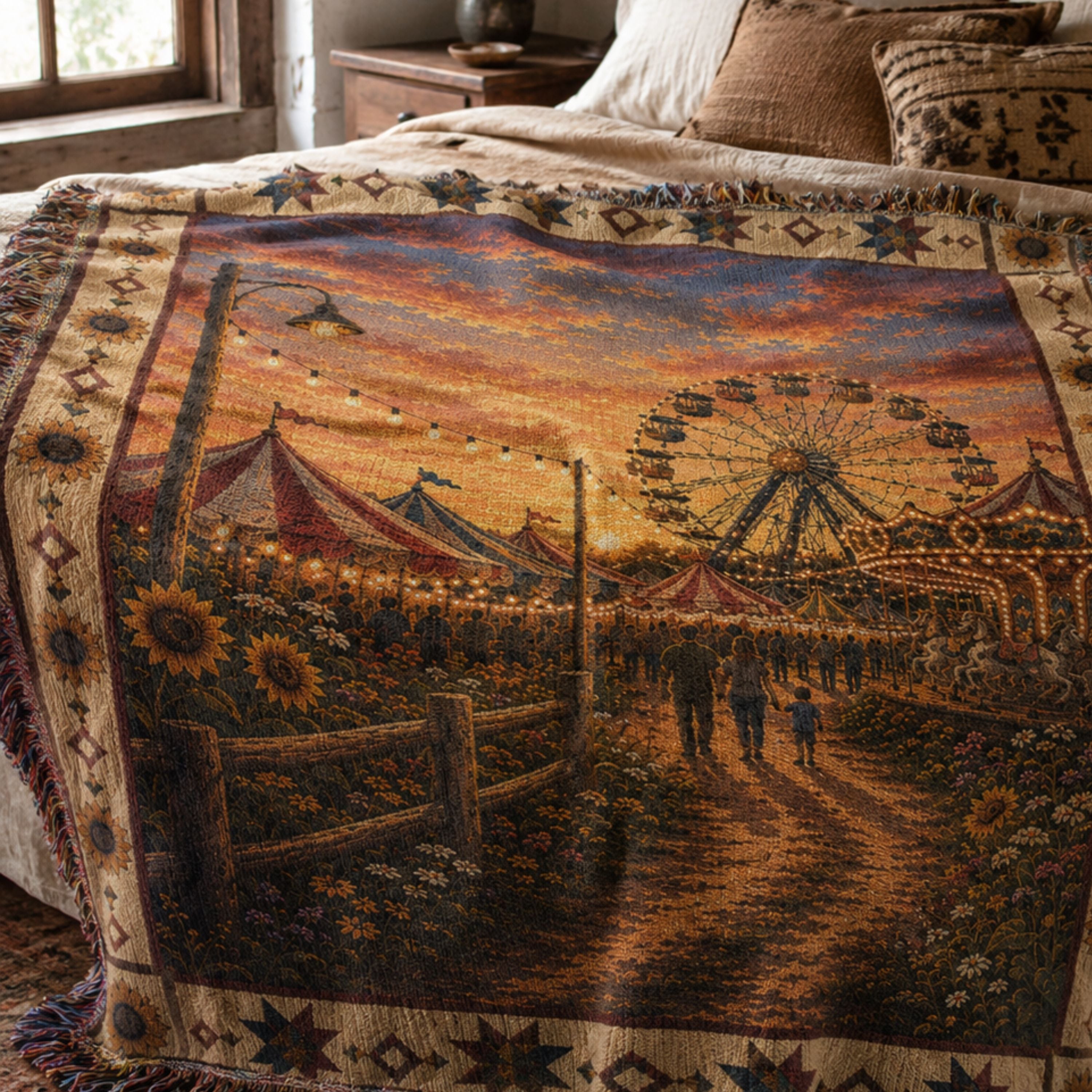 The County Fair heirloom woven cotton throw blanket draped across a rustic bed — Ferris wheel, string lights, and sunflowers at dusk scene with star quilt block border — Trini Skies