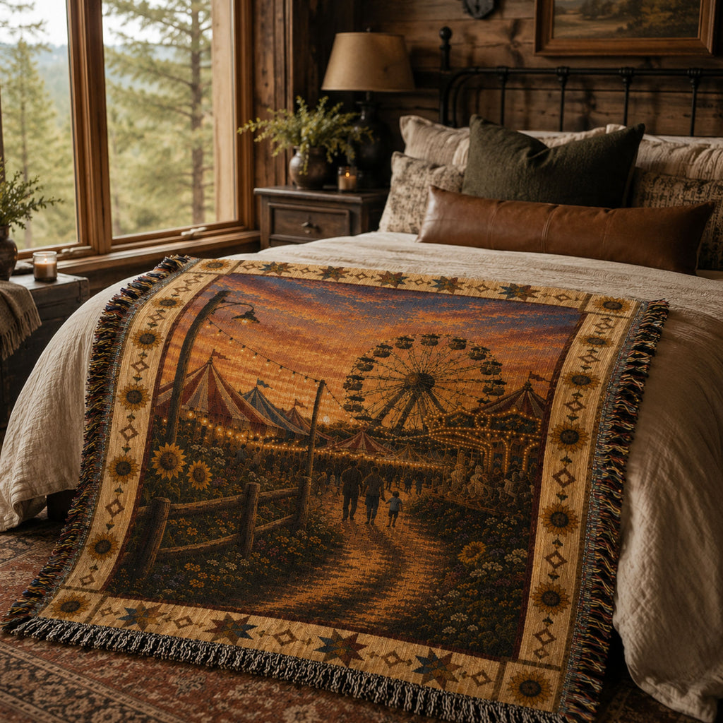 The County Fair heirloom cotton throw blanket on a bed in a cabin bedroom — twilight fair scene with Ferris wheel and sunflower quilt block border — Trini Skies