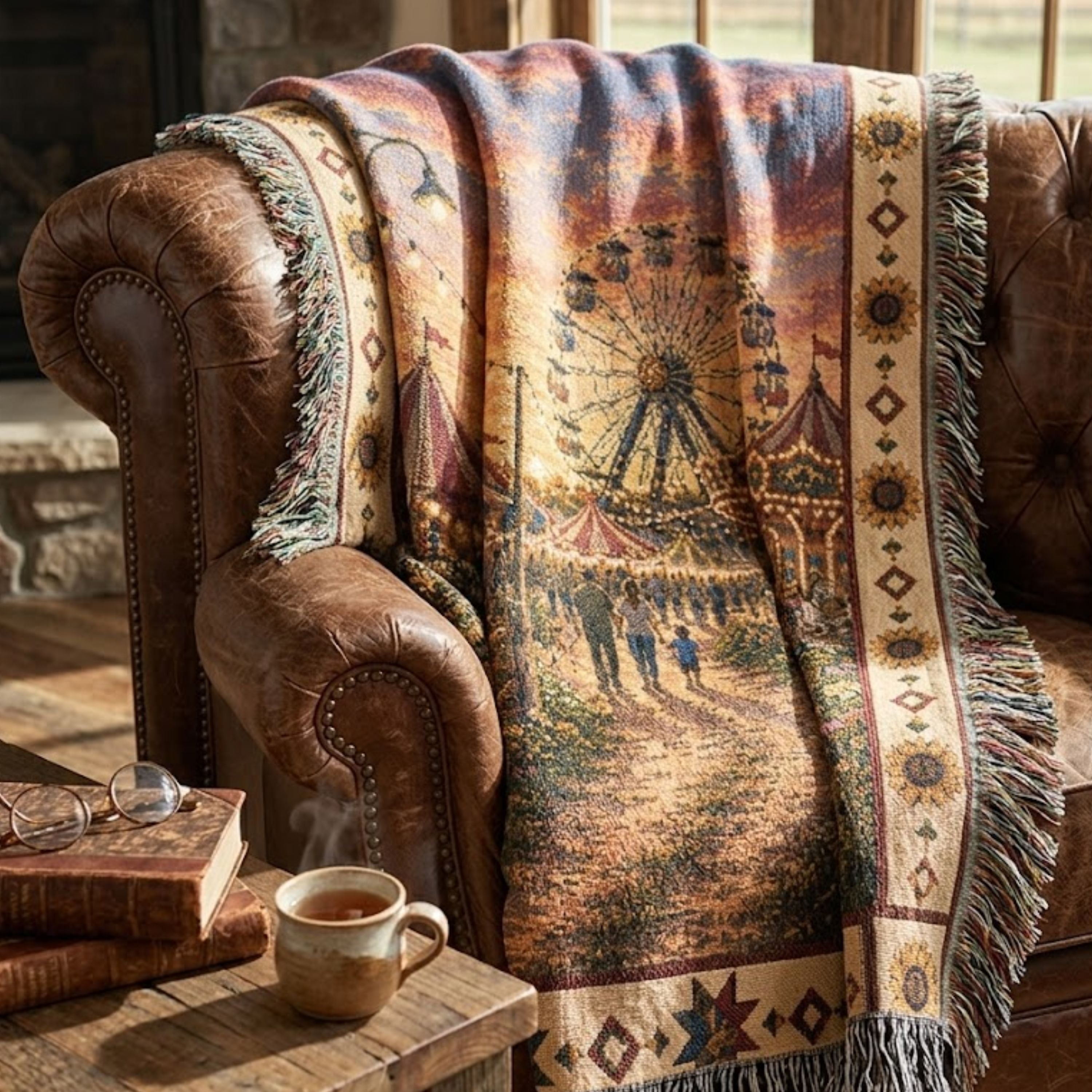 The County Fair heirloom woven throw blanket draped over a leather chair — summer fair at twilight scene with Ferris wheel, carousel, and sunflower border — Trini Skies