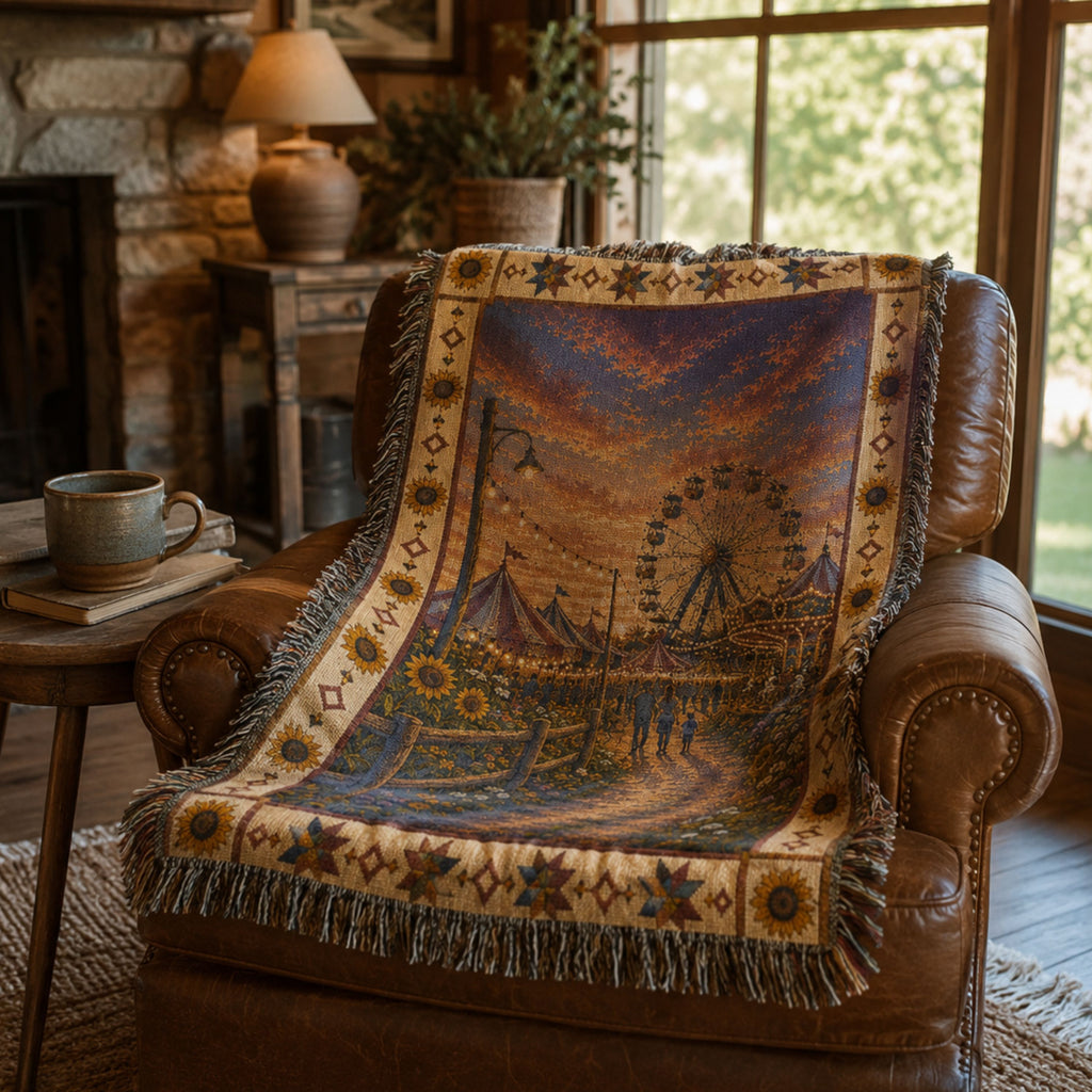 The County Fair woven cotton throw blanket over a leather chair in a lodge interior — county fair at dusk, Ferris wheel and carousel scene, multicolor fringe — Trini Skies