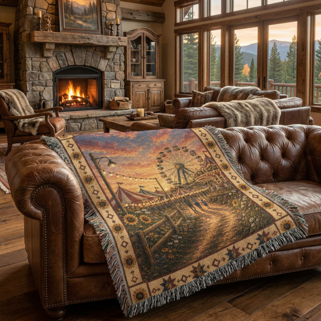 The County Fair woven cotton throw blanket over a leather sofa by a stone fireplace — county fair dusk scene with star quilt block border — 100% cotton, made in the USA — Trini Skies