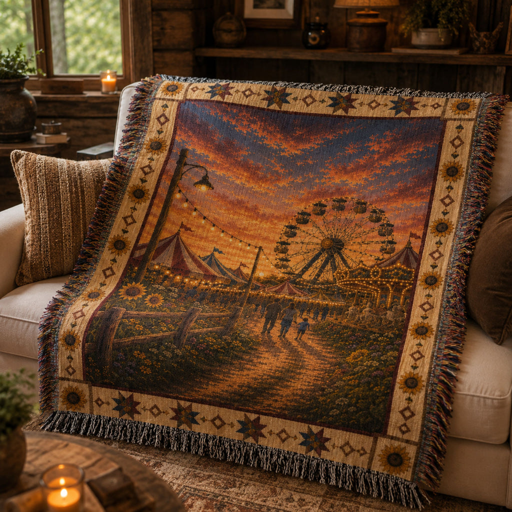 The County Fair woven throw blanket draped over a sofa — summer county fair at dusk with string lights and carousel — jacquard tapestry, made in the USA — Trini Skies