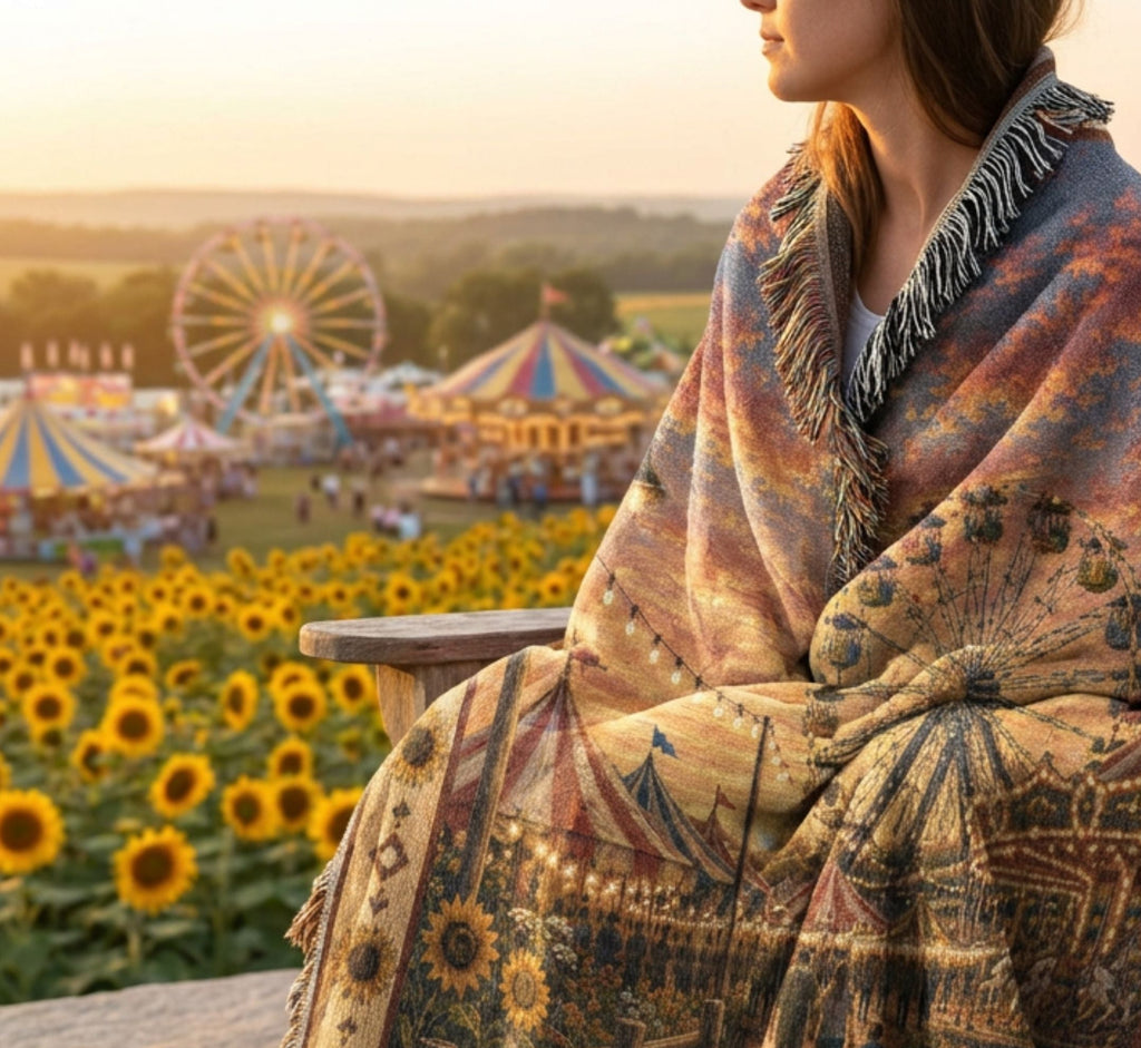 Woman wrapped in The County Fair woven cotton throw blanket in a sunflower field at dusk — jacquard tapestry with county fair scene and multicolor fringe — Trini Skies