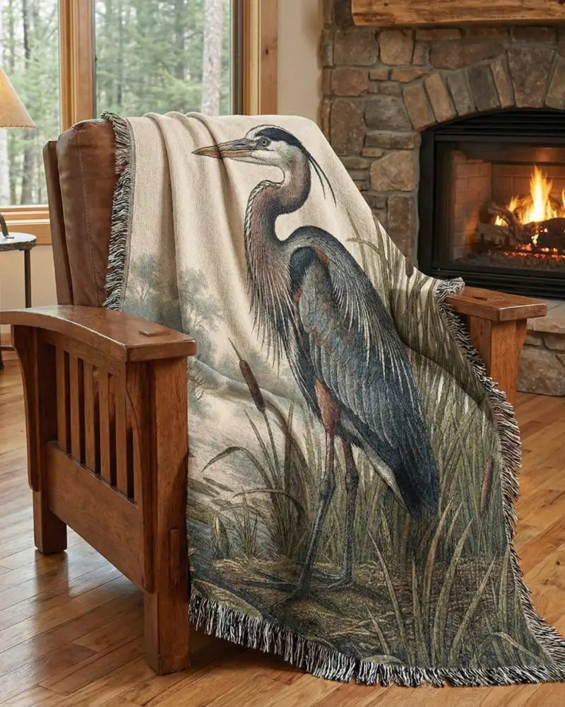 Great blue heron woven blanket in custom lake edition with fringed edges
