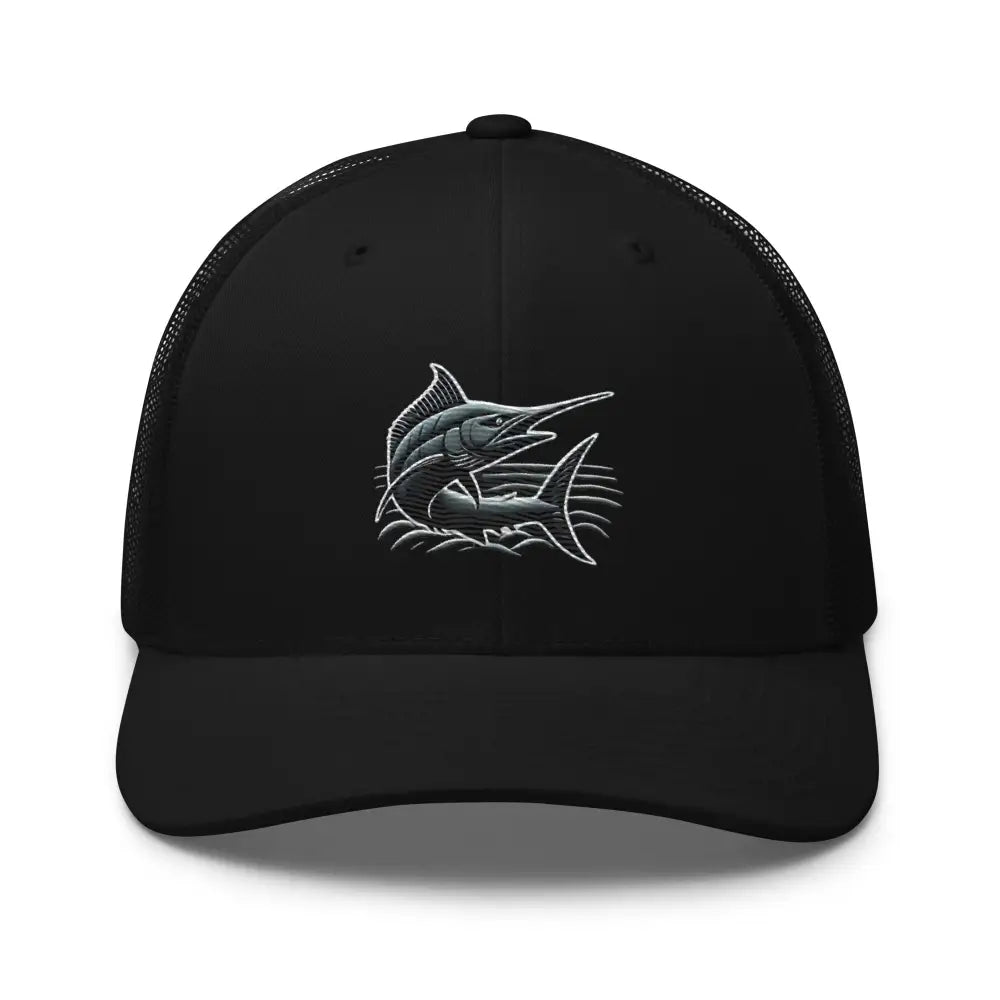Black Great Catch embroidered marlin trucker hat side view – deep sea fishing cap