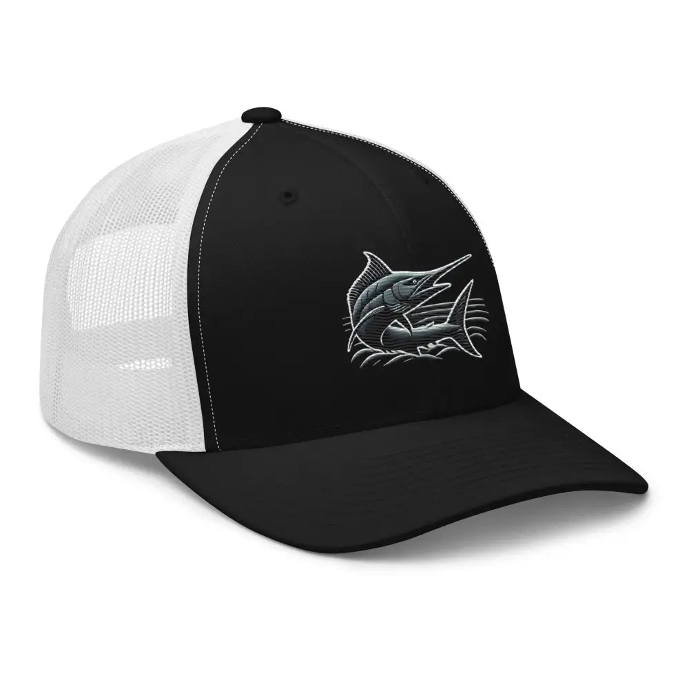 Black and white Great Catch marlin trucker hat back view – adjustable fishing snapback