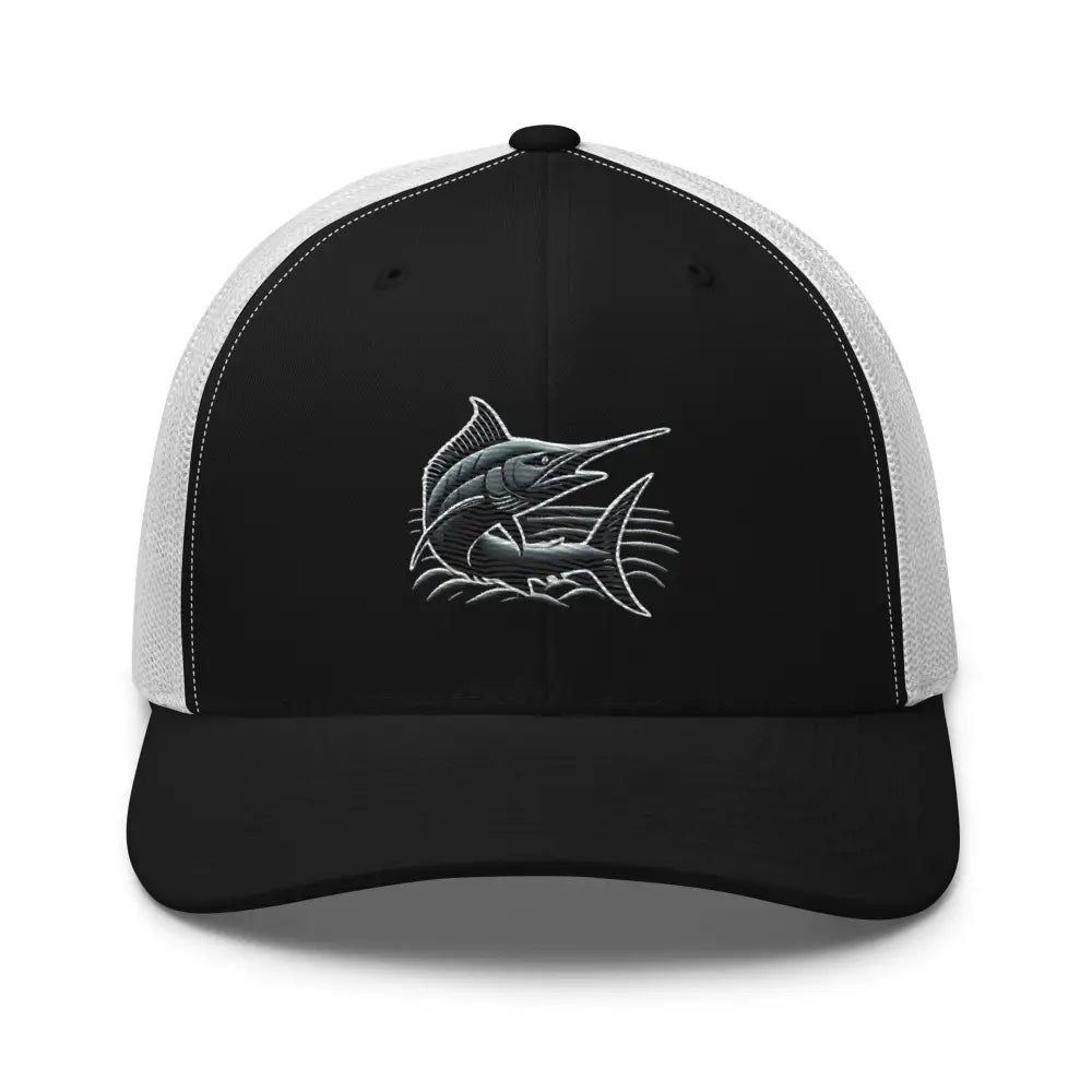 Black and white Great Catch embroidered marlin trucker hat – offshore fishing mesh cap