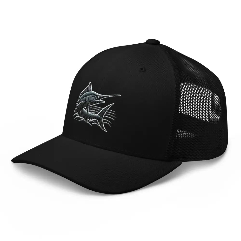 Black Great Catch marlin fishing trucker cap front view – embroidered saltwater angler hat