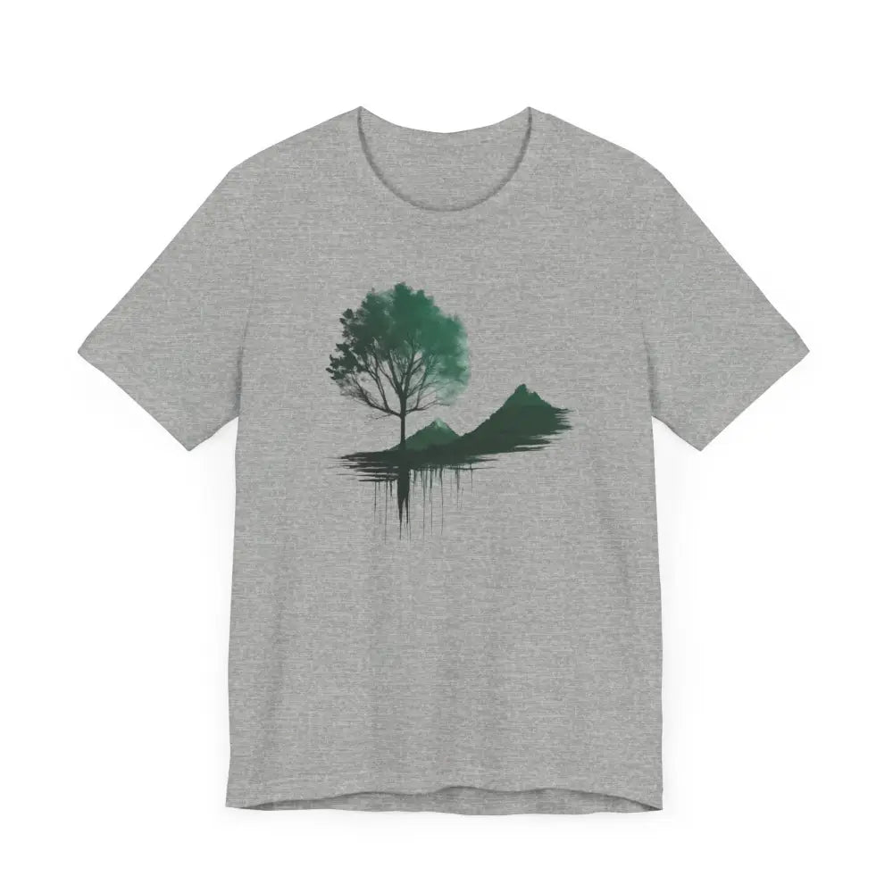 Heather grey unisex tee with green tree mountain graphic for hiking