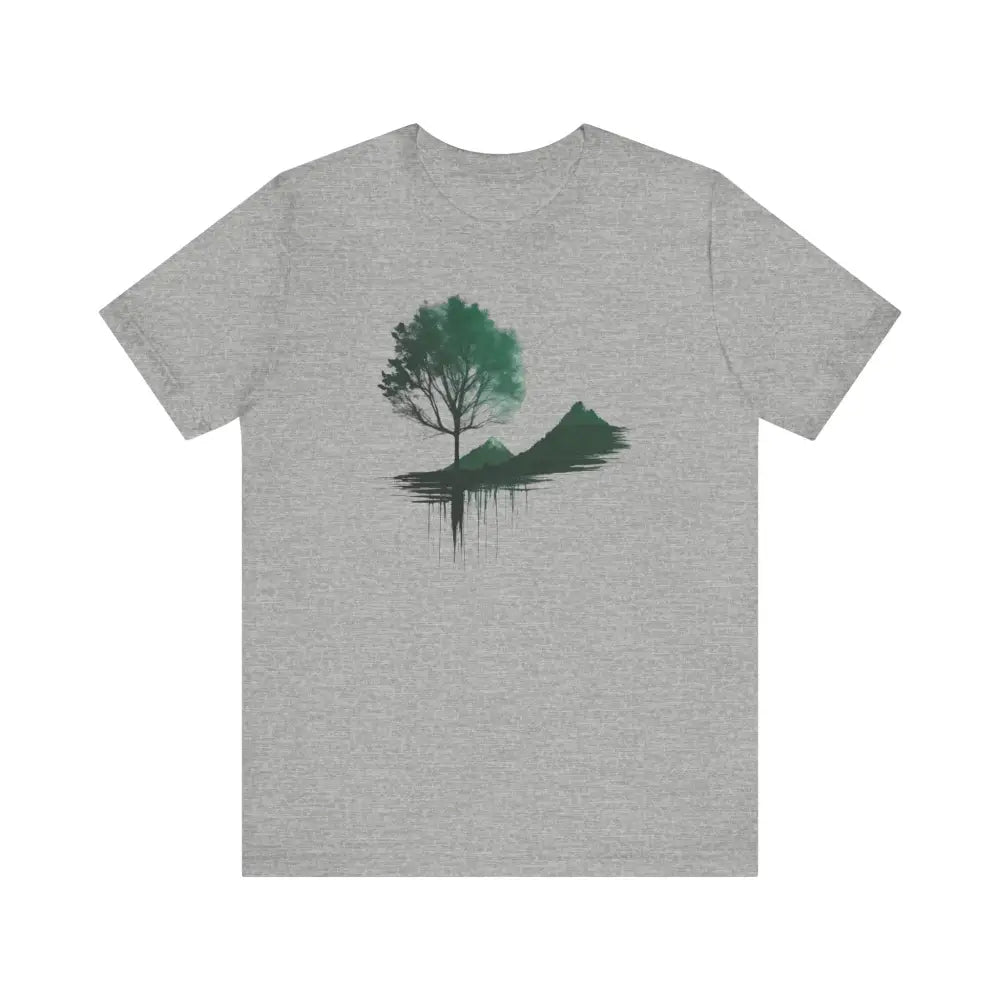 Heather grey unisex tee with green black nature tree mountain graphic