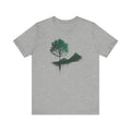 Heather grey unisex tee with green black nature tree mountain graphic