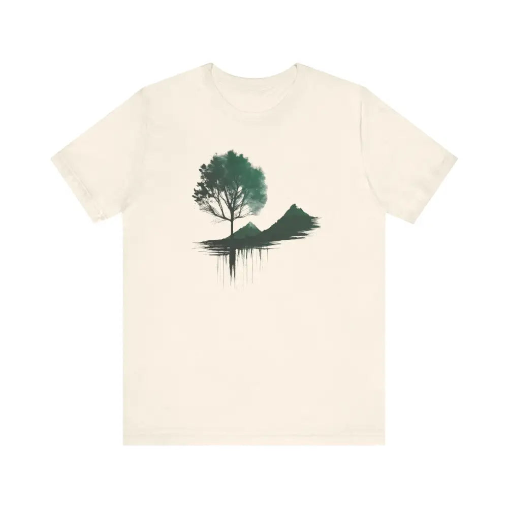 Cream-colored unisex tee with green tree mountain graphic for hiking