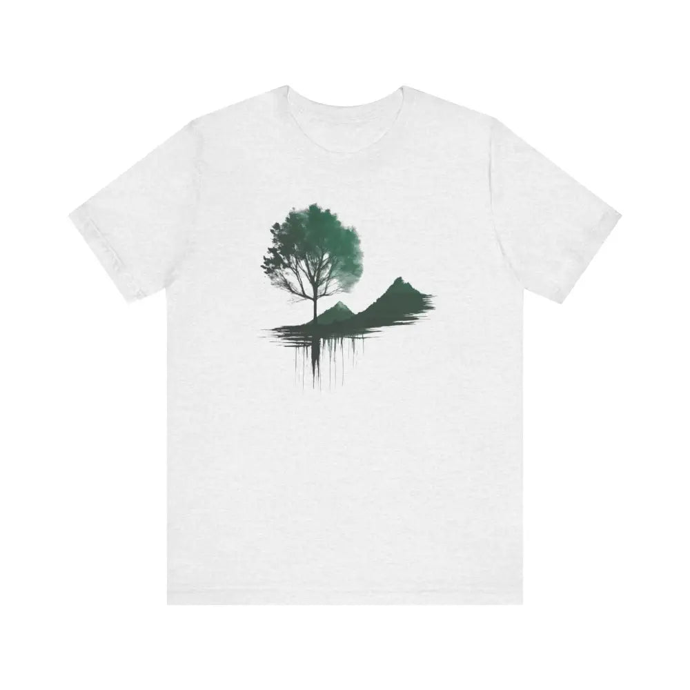 White Nature Tree Mountain Graphic Tee with Green Design