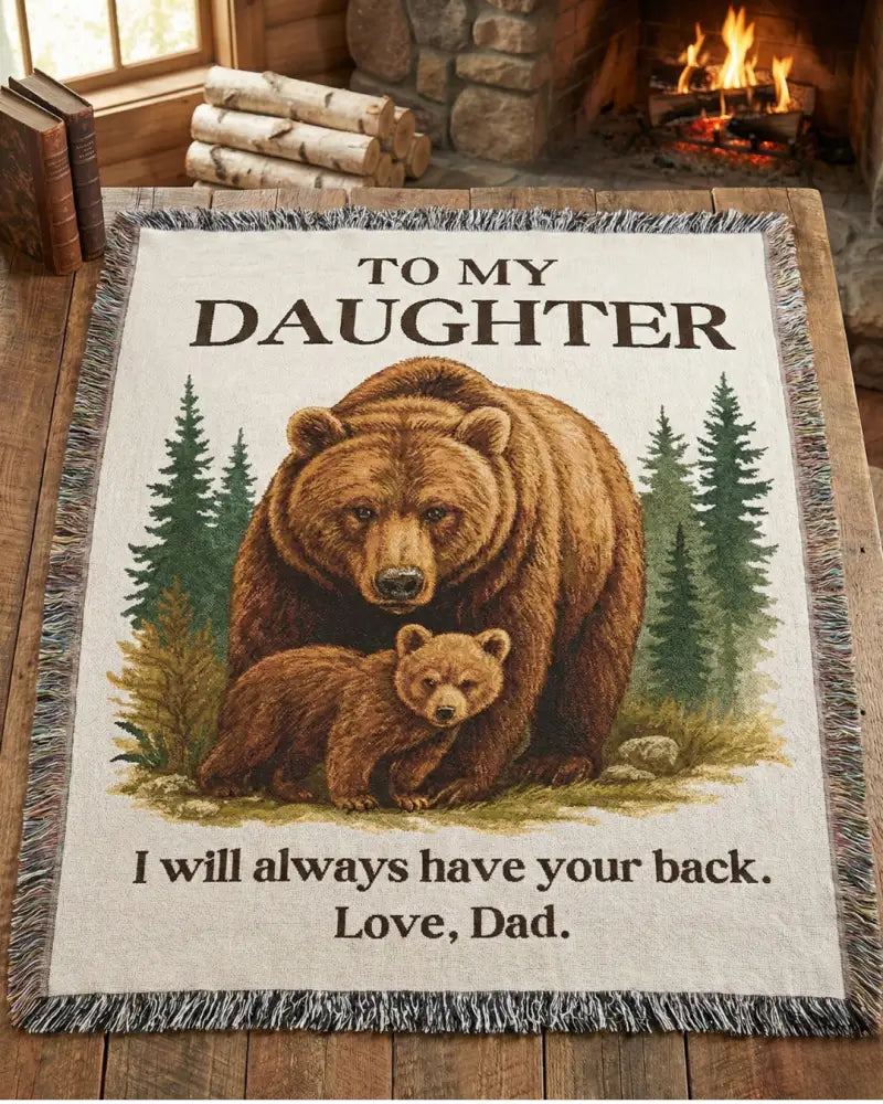 Guardian Bear heirloom woven cotton throw with embroidered bear and cub