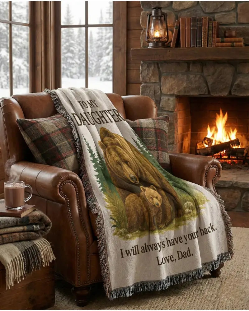 Guardian Bear heirloom woven cotton throw blanket with forest bears and to my daughter I will always have your back text by Trini Skies Graphics