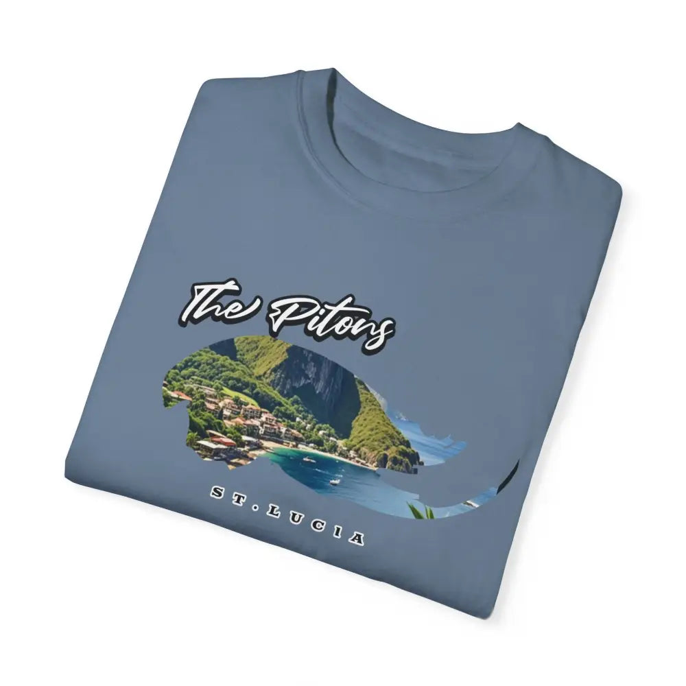 St. Lucia Pitons graphic tee folded – Caribbean island souvenir t-shirt