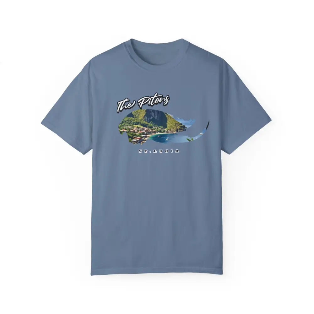 Blue Jean St. Lucia Pitons Caribbean graphic tee – island travel t-shirt for men and women