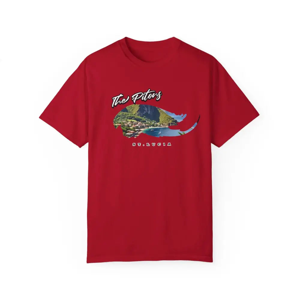 Red St. Lucia Pitons Caribbean graphic tee – tropical island mountain travel shirt