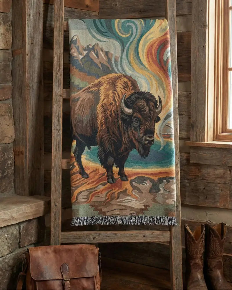 Prism Bison woven tapestry throw with Yellowstone National Park bison in colorful mountains